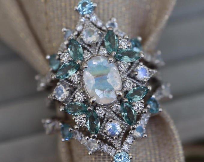 Genuine Oval Moonstone Halo Engagement 3 Ring Set- Statement Moonstone with Blue Green Pariaba Tourmaline- Iridescent Rainbow Boho June Ring