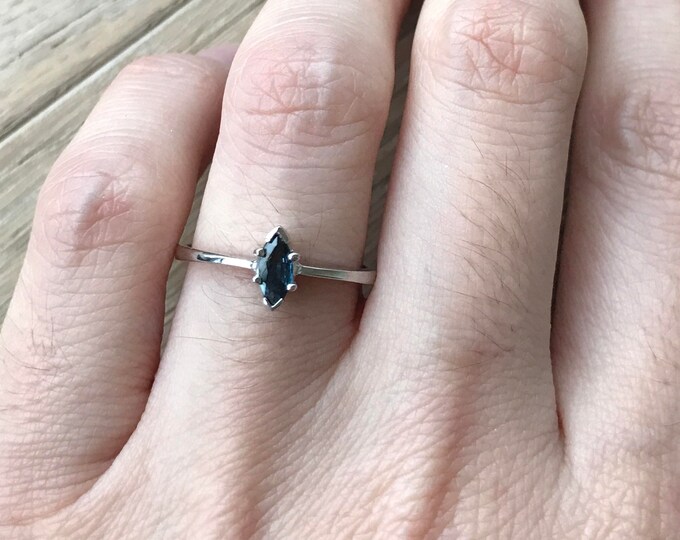 Dark Blue Sapphire Dainty Stackable Silver Ring- Genuine Sapphire Tiny Marquise Promise Ring- Ring for Teen Child- September Birthstone Ring