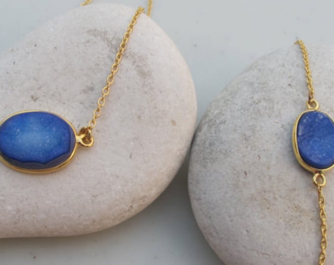 Blue Druzy Necklace Bracelet Set- Oval Gemstone Simple Jewelry Set- Oval Stone Bracelet Necklace- Druzy Jewelry