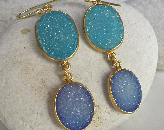 Blue Green Druzy Earring- Genuine Druzy Two Drop Gold Earring for Her