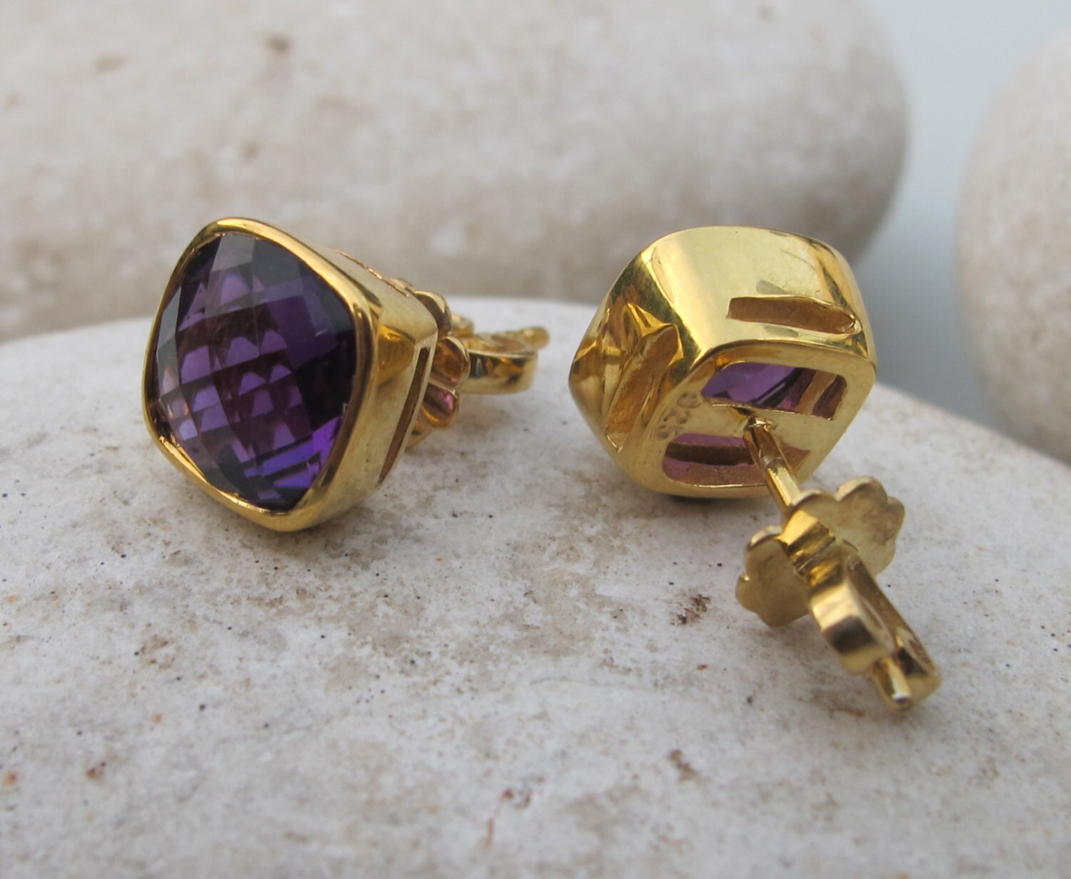 Rose Gold Amethyst Stud Earring Purple Amethyst Square | Etsy