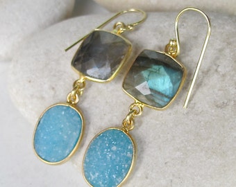 Druzy Danlge Labradorite Earring Blue Druzy Earring Gold Earring Double Drop Gemstone Long Earring Boho Festive Handmade Earring