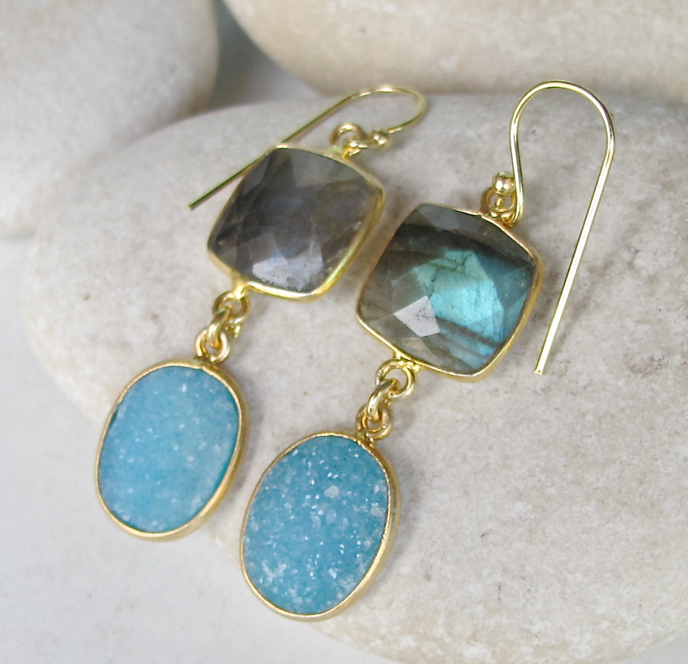 Druzy Danlge Labradorite Earring Blue Druzy Earring Gold Earring Double ...