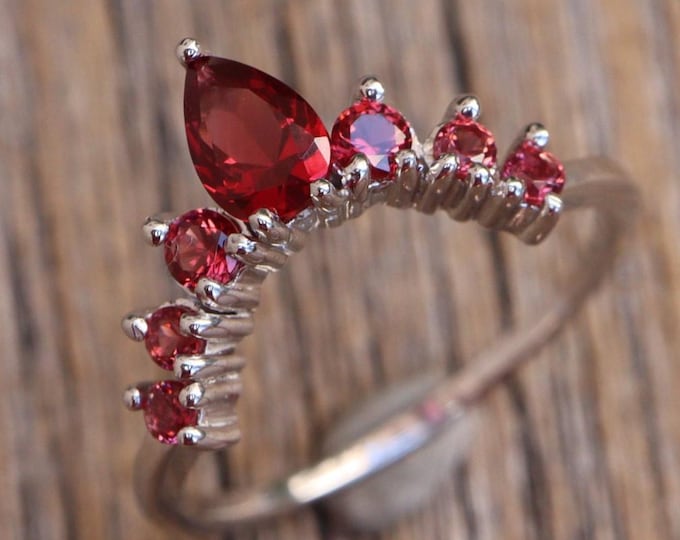 Garnet Curve Wedding Sterling Silver Band- Dark Deep Vivid Red Contour Rose Band- V Chevron Gold Plated Band- January Birthstone Band