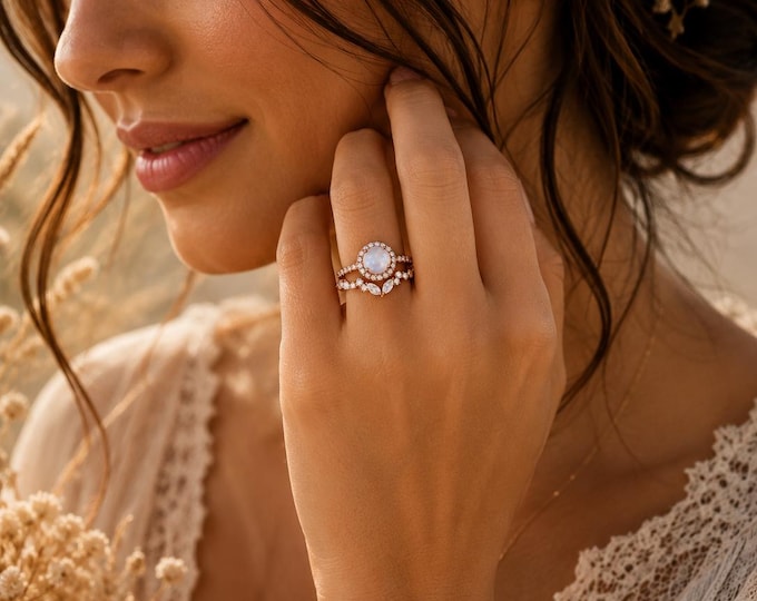 Genuine Round Moonstone Halo Engagement with Cubic Zirconia Contour Wedding Band