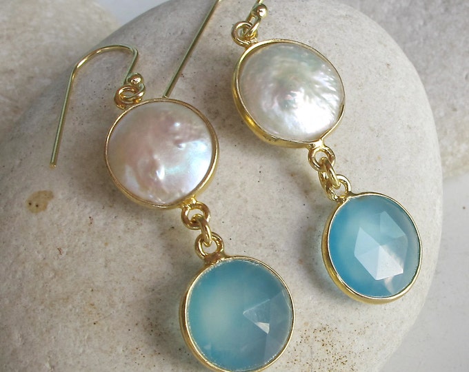 2 Stone Long Dangle Earring- Handmade Pearl Colorful Earring- Double Drop Circle Earring- Gold Gemstone Earring Mixed Gemstone Boho Earring
