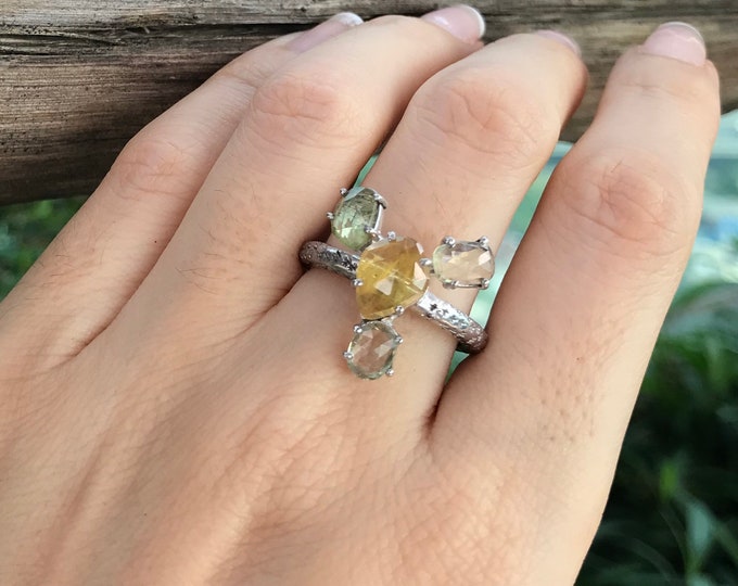 Cluster Yellow Green Sapphire Celestial Statement Ring Whimsical Uniique Gemstone Galaxy Ring