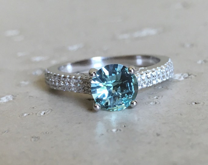 Round Aqua Green Quartz Engagement Ring Alternative Gemstone Engagement Ring 4 Prong Solitaire Blue Stone Ring