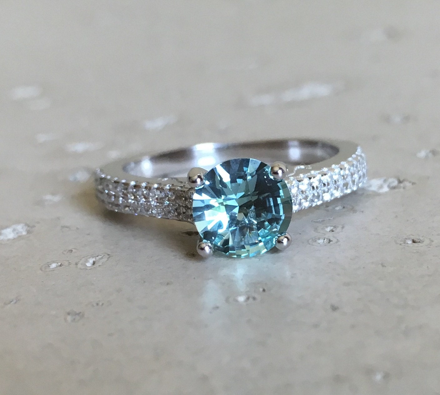 Round Aqua Green Quartz Engagement Ring Alternative Gemstone Engagement ...