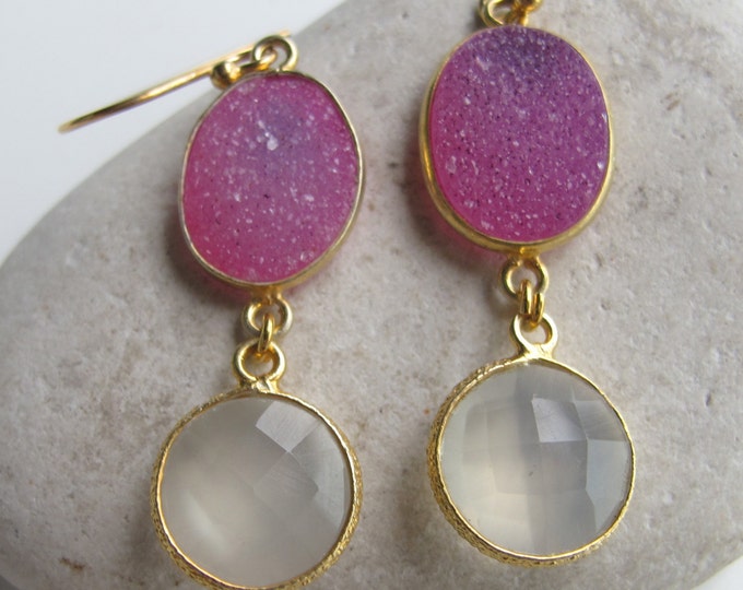 Pink Druzy Earrings- Drusy Earrings- Quartz Earrings- Gemstone Earrings- Stone Earrings- Bridesmaids Earring- Bridal Earrings- Topaz Earring