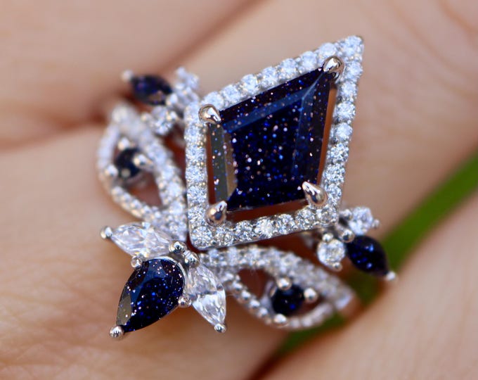 Kite Blue Sandstone Halo Engagement Sterling Silver Rings