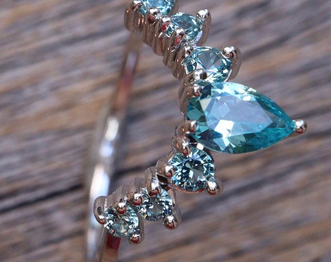 Neon Blue Paraiba Tourmaline Half Circle Wedding Sterling Silver Guard Band- Blue Chevron Contour Enhancer Rose Gold Plated Band