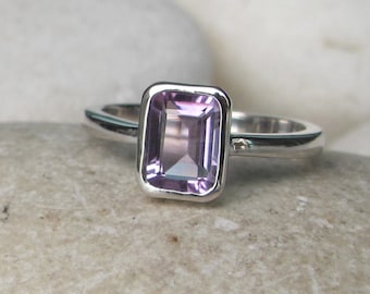 Purple Amethyst Rectangle Stack Ring- Purple Small Stone Ring-Teen Child Dainty Ring-Sterling Silver Baguette Ring- February Birthstone Ring