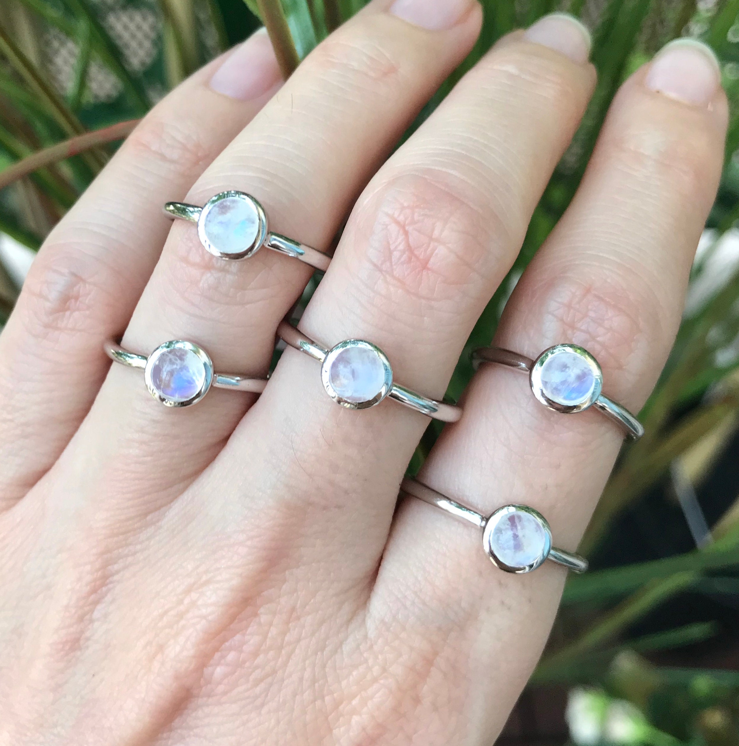 Moonstone Dainty Stack Round Ring Genuine Natural Rainbow Moonstone