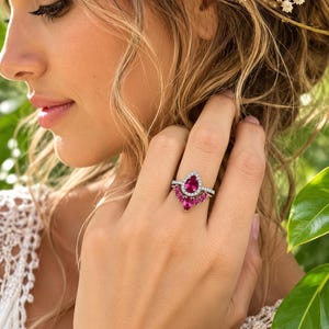 Teardrop Red Pink Ruby Halo Engagement 3 Ring Set