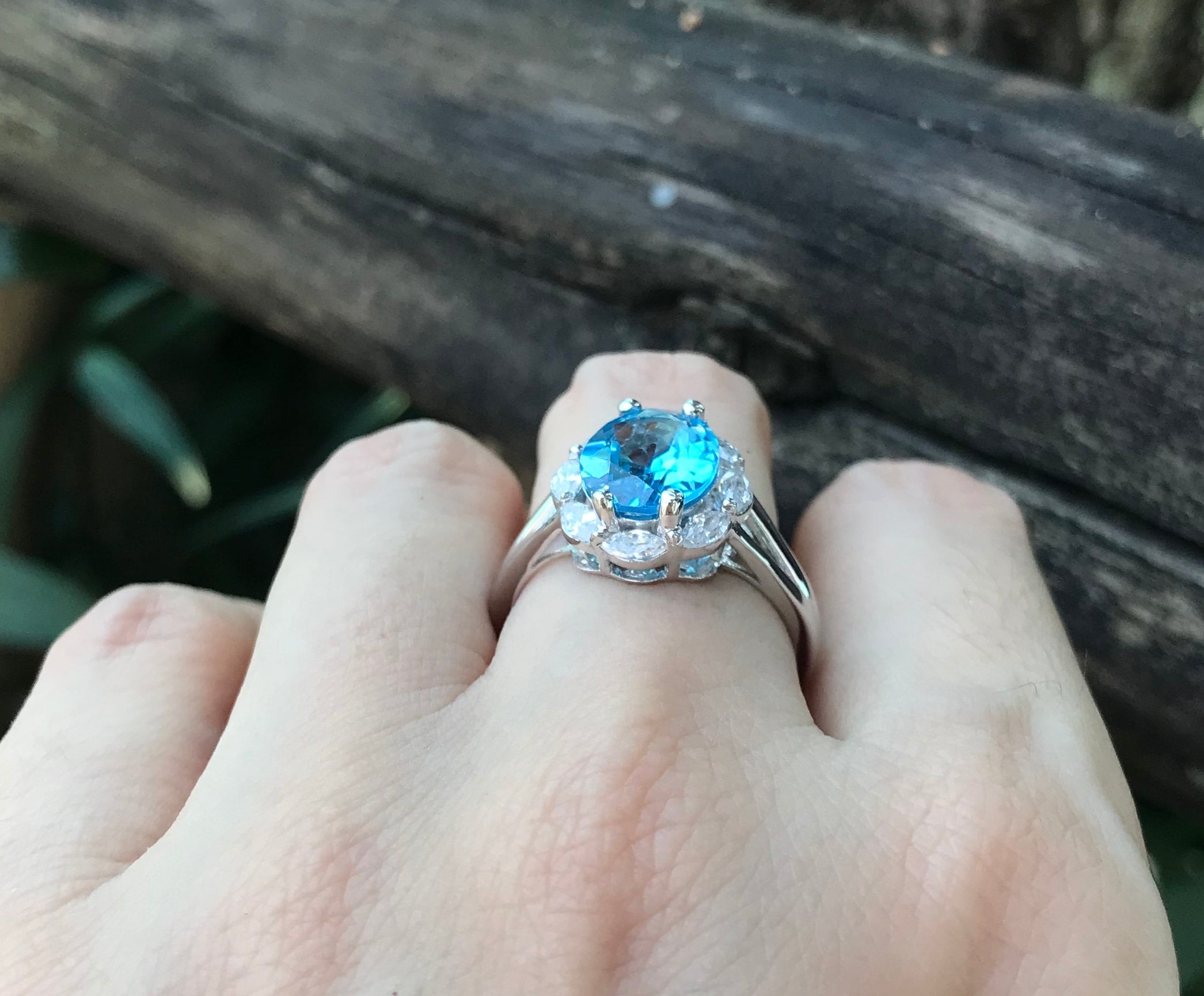 Swiss Blue Topaz Halo Solitaire Ring- Oval Blue Topaz Anniversary Split