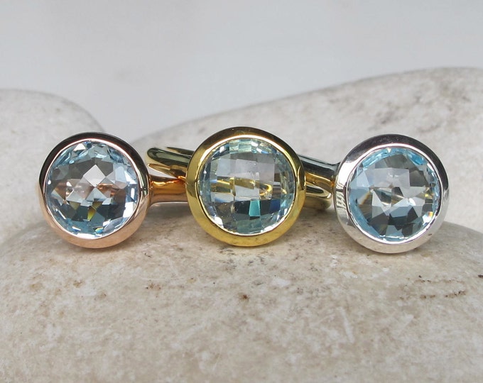 Blue Topaz Round Silver Ring- Rose Gold Ring- Facet Blue Solitaire Ring- December Birthstone Ring Blue Gemstone Simple Silver Ring Gold