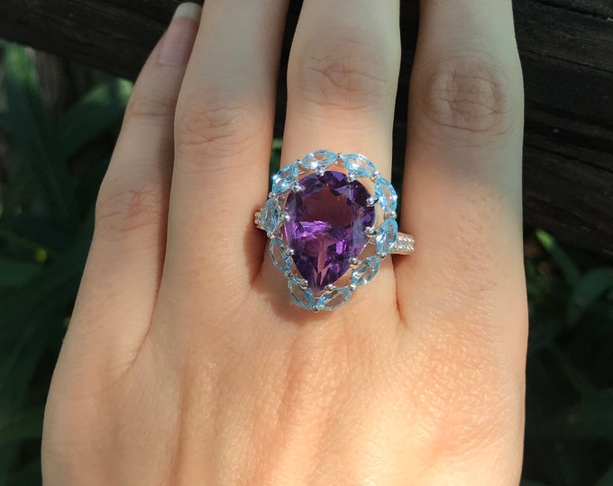 Large Purple Amethyst Teardrop Solitaire Ring- Cluster Halo Amethyst Statement Ring- Unique Bold Purple Anniversary Ring- February Ring