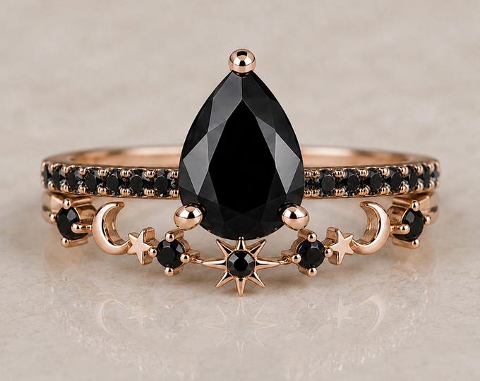 1.50ct  Teardrop Genuine Black Diamond Ring with Celestial Star Moon Wedding Band