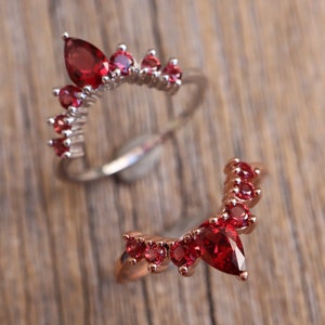 Garnet Curve Wedding Sterling Silver Band- Dark Deep Vivid Red Contour Rose Band- V Chevron Gold Plated Band- January Birthstone Band