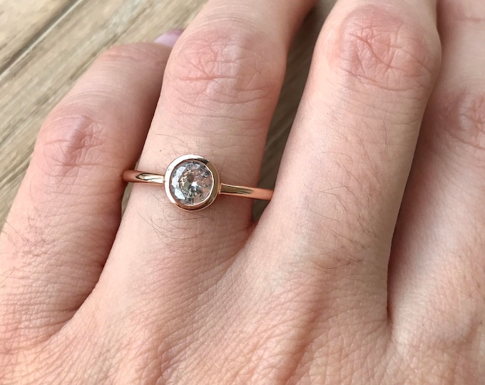 14k Rose Gold Sapphire Ring- White Sapphire Engagement Ring- Sapphire Promise Ring for Her- Simple Bridal Ring- September Birthstone Ring