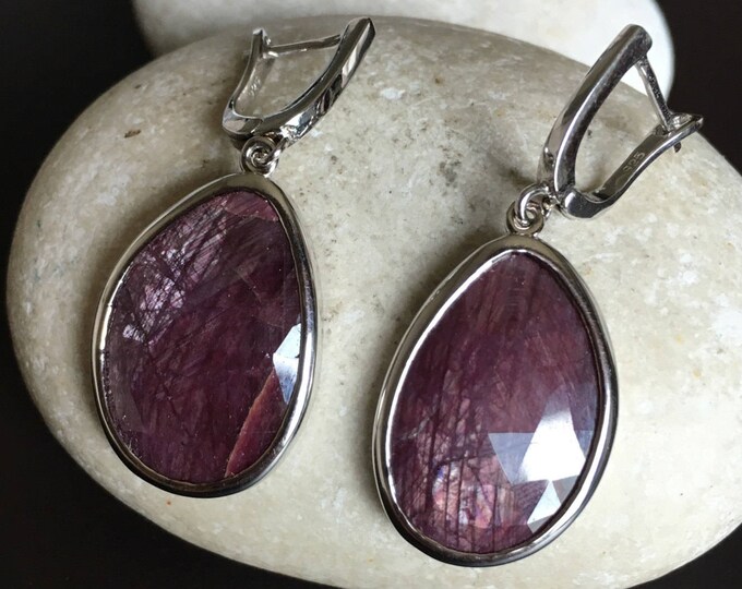 Genuine Ruby Oval Dangle Earring Natural Ruby Raw Sterling Silver Handmade Drop Sheen July Birthstone Earring