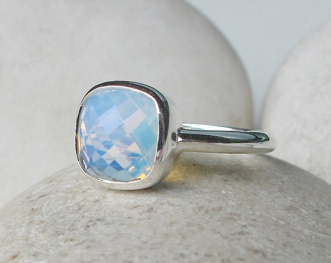 Rainbow Opalite Square Ring- Rainbow Boho Size 5 Ring- October Birthstone Silver Ring- Iridescent Gemstone Ring- Stacking Statement Ring