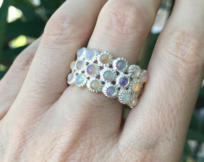 Genuine Opal Wide Band- Natural Fire Opal Wedding Band- October Birthstone Band Ring- 3 Tier Opal Band Ring- Statement Opal Bubble Band