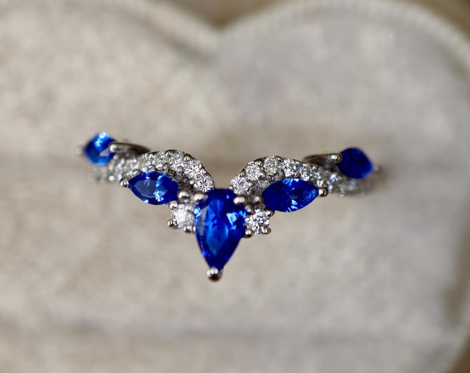 Marquise Blue Sapphire and Moissanite Sterling Silver Deco Wedding Band