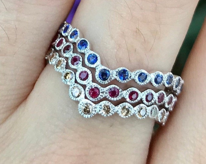 Chevron Wedding V Eternity Band- Vintage Curved Nesting Contour Women Band- Sapphire Ruby Champagne Diamond Band- White Rose Yellow Gold