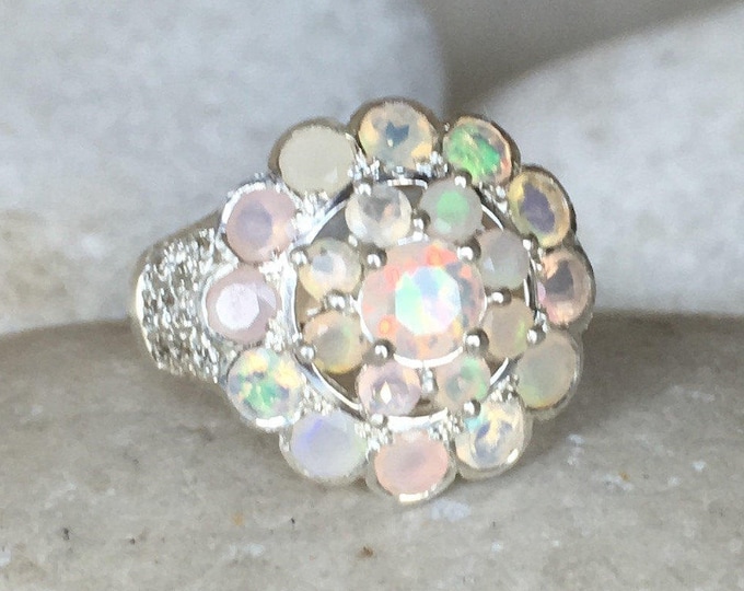 Genuine Opal Cluster Floral Halo Ring- Nature Inspired Opal Statement Ring- Natural Welo Opal Solitaire Ring- Fire Opal Anniversary Ring