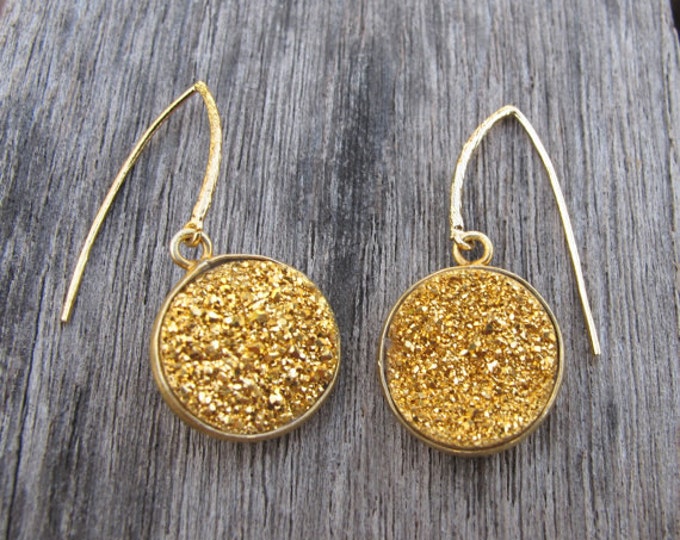 Raw Gold Druzy Galaxy Dangle Earring- Rough Rock Celestial Drop Earring- OOAK Boho Circle Earring- Sparkly Rustic Gold Earring