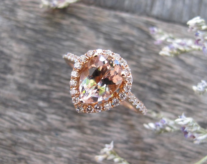 Genuine Teardrop 1.38ct Morganite Diamond Halo Engagement Ring- 14k Gold Pear Natural Morganite Promise Ring- Peach Morganite Solitaire Ring