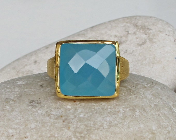 Princess Blue Chalcedony Ring- Blue Engagement Ring- Something Blue Promise Ring- Square Statement Ring- Unique Gemstone Ring
