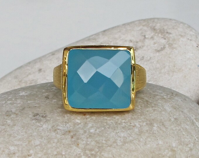 Princess Blue Chalcedony Ring- Blue Engagement Ring- Something Blue Promise Ring- Square Statement Ring- Unique Gemstone Ring