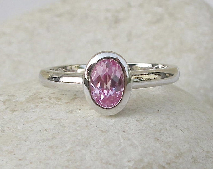 Pink Cubic Zirconia Oval Dainty Ring- Rose Quartz Stackable Ring-Ring for Teen Child-Sterling Silver Pink Stone Ring-October Birthstone Ring