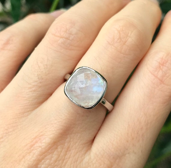 Sterling Silver Facet Free Form Rainbow Moonstone Ring Sterling Silver Facet Free Form Rainbow Moonstone Ring