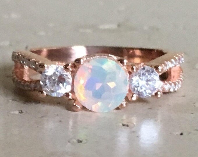 Genuine Round Opal Twist Ring- Natural Opal Three Stone Engagement Ring- Welo Opal Promise Ring- October Stone Ring- Opal Anniversary Ring