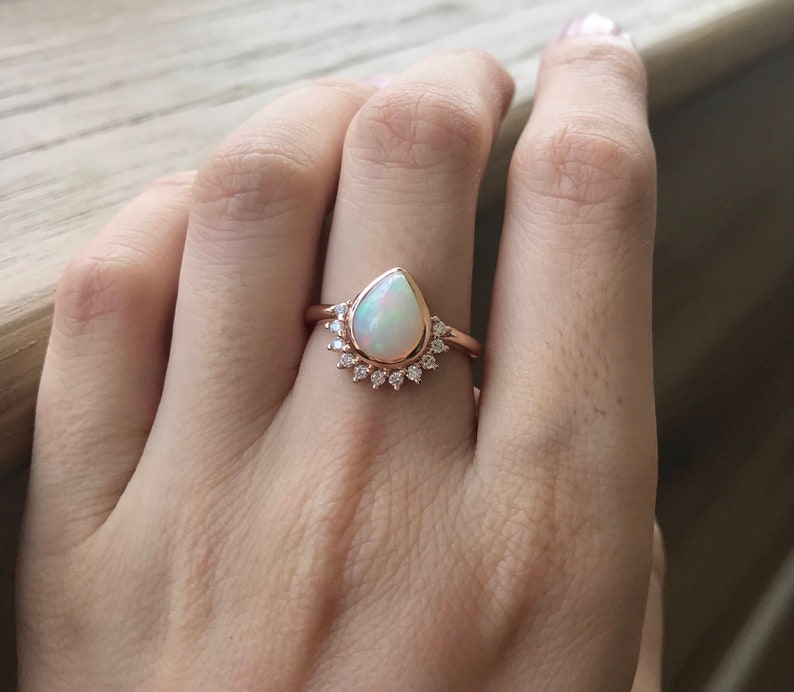 1CT Genuine Opal Pear Engagement Ring Teardrop Opal Diamond Solitaire Ring-Natural Opal 18k Gold Ring Rose Gold Promise Ring October Ring image 1