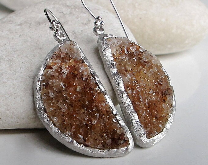 Silver Druzy Brown Earring- Handmade Raw Crystal Earring- Large Dangle Druzy Earring- Real Druzy Genuine Drop Earring- Boho Rough Earring