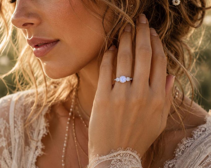 Genuine Round Moonstone Three Stone Promise Vintage Ring For Her