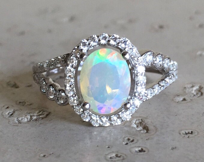 Opal Halo Deco Engagement Ring- Genuine Welo Opal Oval Promise Ring for Her- Fire Opal Split Double Anniversary Ring-October Birthstone Ring