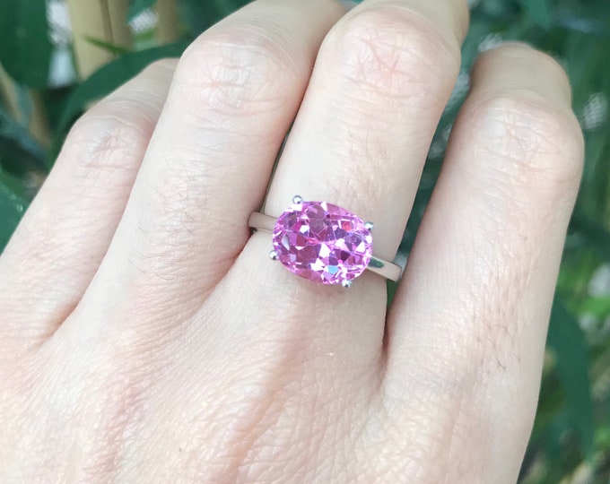 Oval Pink Cubic Zirconia Solitaire Ring- Pink Gemstone 4 Prong Sterling Silver Ring- Pink Quartz Statement Ring