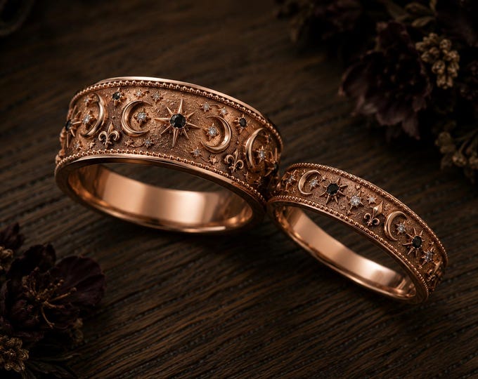 Celestial Fleur-de-Lis His & Hers Wedding Bands