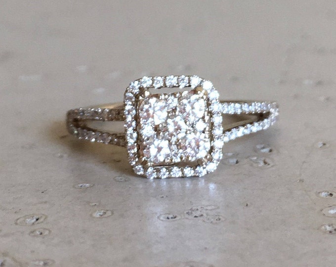 White Gold Diamond Ring- Cluster Diamond Engagement Ring- Halo Diamond Promise Ring- Square Shaped Diamond Mutlistone Ring