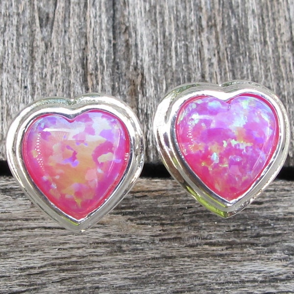 Opal Studs- Heart Shaped Post- Opal Earrings- Silver Studs- Stone Posts- Gemstone Studs-Heart Posts-October Birthstone Studs-Pink Opal Studs