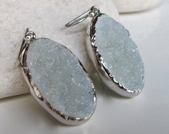 Raw Light Blue LArge Druzy Silver Earring- Oval Dangle Rough Stone Earring- Real Druzy Handmade Earring- Boho Raw Crystal Earring