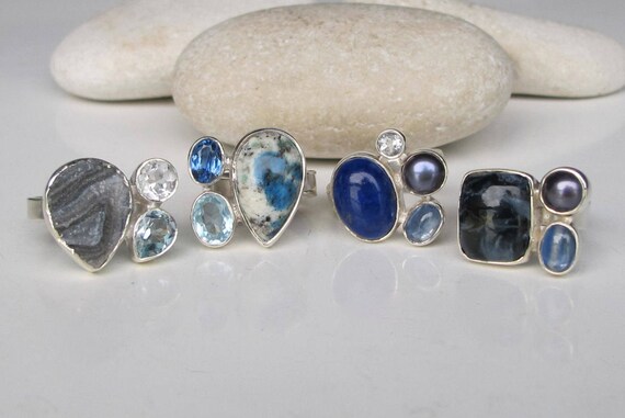 Blue Topaz Ring Stacked Multistone Teardrop Shape Stones Sterling Silver Blue Topaz Ring Stacked Multistone Teardrop Shape Stones Sterling Silver
