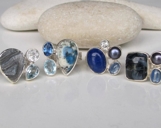 Genuine Multistone Natural Cluster Gemstone Sterling Silver Ring- Teardrop Druzy Blue Topaz Ring- Emerald Cut Agate with Pearl and Kyanite