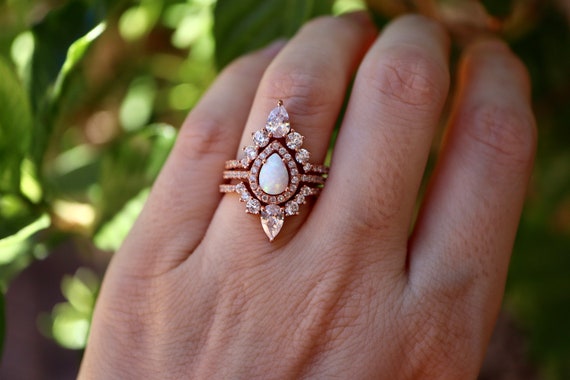 Halo Teardrop Opal Anniversary Rose Ring Set- Pear Rainbow Opal